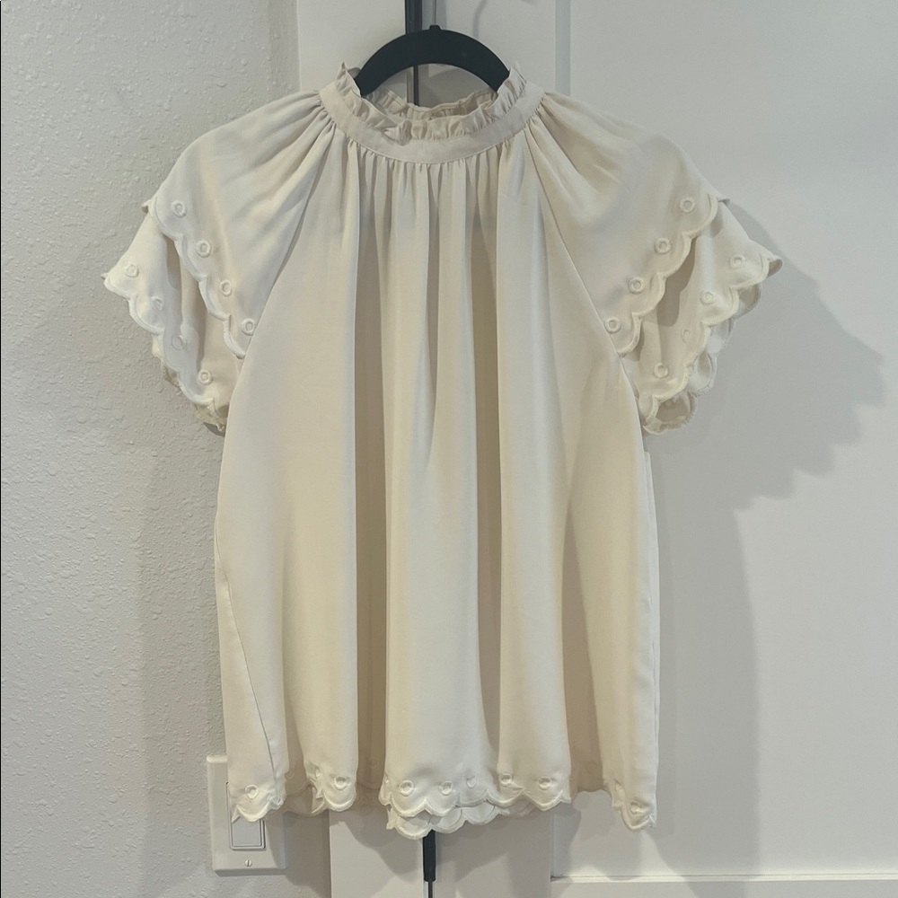 Ann Taylor Cream Blouse with Scalloped Sleeves